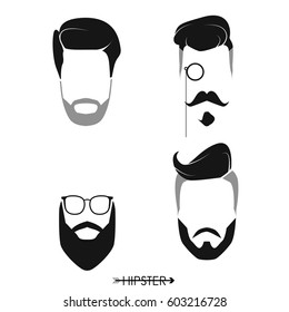 Set of hipster man haircuts, beards, mustaches. Simple design for logo, silhouette. Vector illustration.