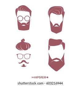 Set of hipster man haircuts, beards, mustaches. Simple design for logo, silhouette. Vector illustration.