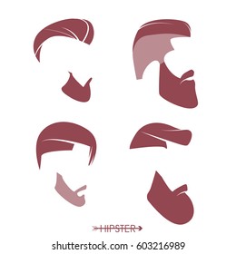 Set of hipster man haircuts, beards, mustaches. Simple design for logo, silhouette. Vector illustration.