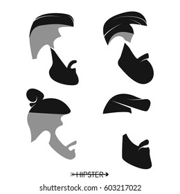 Set of hipster man haircuts, beards, mustaches. Simple design for logo, silhouette. Vector illustration.