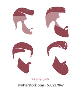 Set of hipster man haircuts, beards, mustaches. Simple design for logo, silhouette. Vector illustration.