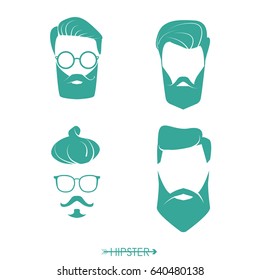 Set of hipster man haircuts, beards, mustaches. Simple design for logo, silhouette. Vector illustration.