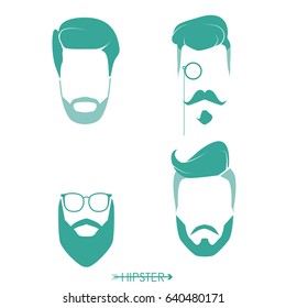 Set of hipster man haircuts, beards, mustaches. Simple design for logo, silhouette. Vector illustration.