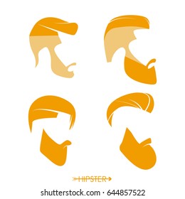 Set of hipster man haircuts, beards, mustaches. Simple design for logo, silhouette. Vector illustration.