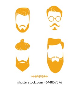 Set of hipster man haircuts, beards, mustaches. Simple design for logo, silhouette. Vector illustration.