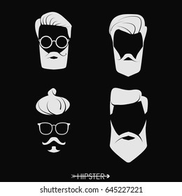 Set of hipster man haircuts, beards, mustaches. Simple design for logo, silhouette. Vector illustration.