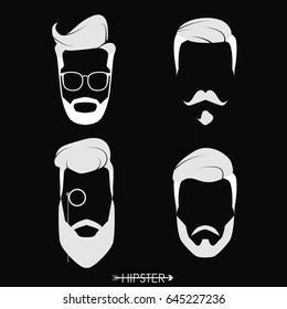Set of hipster man haircuts, beards, mustaches. Simple design for logo, silhouette. Vector illustration.