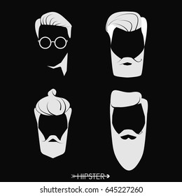 Set of hipster man haircuts, beards, mustaches. Simple design for logo, silhouette. Vector illustration.