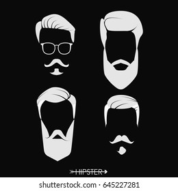 Set of hipster man haircuts, beards, mustaches. Simple design for logo, silhouette. Vector illustration.