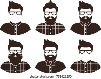 Set of hipster man silhouette, flat icon - a man with glasses, mustache and beard, wearing an in a plaid shirt and bow tie. Template for card, poster, banner, web-design, infographics elements.