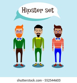 Set of hipster men on a blue background with text