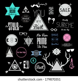 Set of hipster modern colored flat and line retro labels, stamps, signs, marks and calligraphy, text and stickers