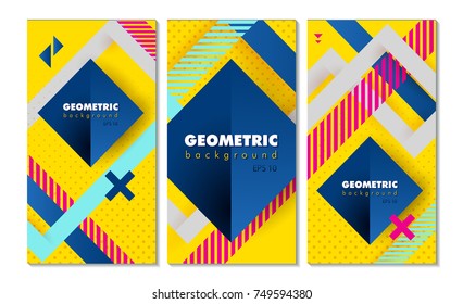 Set of hipster modern geometric abstract background. Bright yellow banner with blue stripes stripes, textured background. Business template for a bright color. Realistic stripes background.