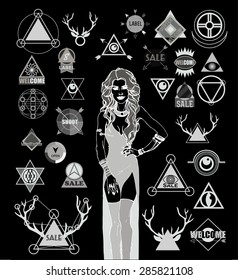 Set of hipster modern line chalk white retro logos, labels, stamps, signs, marks and calligraphy, text and stickers with dark fashion mystic witch girl
