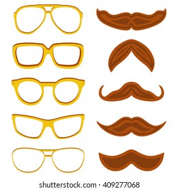 Set of hipster nerd glasses and stylish mustaches isolated on white. Web Banner Vector Flat Design. Vector Mustache and Glasses Icons. Hipster creative design template illustration