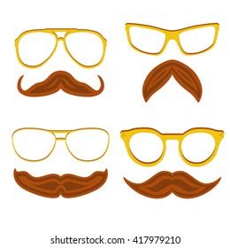 Set of hipster nerd glasses and stylish mustaches isolated on white. Web Banner Vector Flat Design. Vector Mustache and Glasses Icons. Hipster creative design template illustration