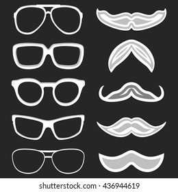 Set of hipster nerd glasses and stylish mustaches on black. Web Banner Vector Flat Design. Vector Mustache and Glasses Icons. Hipster creative design template illustration