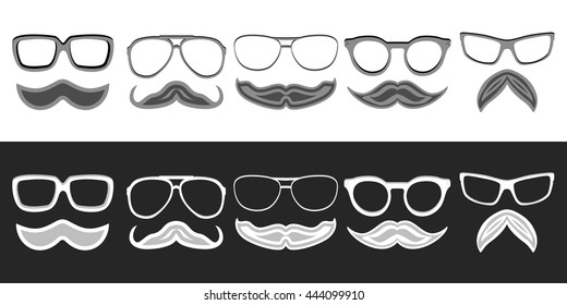 Set of hipster nerd glasses and stylish mustaches on white and black. Web Banner Vector Flat Design. Vector Mustache and Glasses Icons. Hipster creative design template illustration