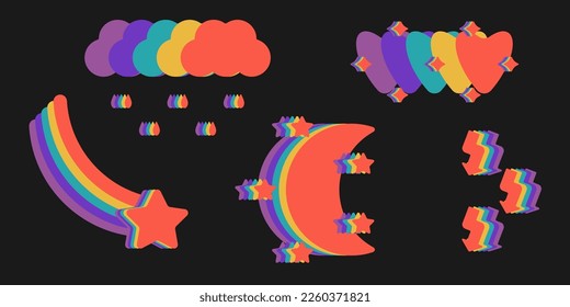 Set of hipster psychedelic vector rainbow coloured elements on black background. 1970 groovy style design element: hearts, lightning, cloud, moon, stars, comet, drops. Abstract shape decor.