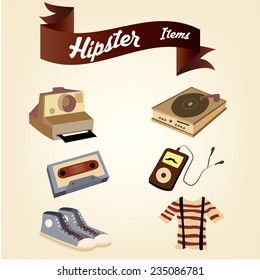 a set of hipster related items on a colored background