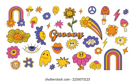 Set of hipster retro 70s 60s groovy psychedelic elements. Cartoon daisy flowers, rainbow, mushrooms, peace sign, heart,  hippie sticker vector set. Positive symbols or badges isolated on white