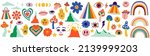 Set of hipster retro cool psychedelic elements. A collection graphics of groovy cliparts from the 60s 70s. Abstract icons design of cartoon stickers. Trend background vectors illustration isolated.