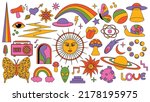Set of hipster retro cool psychedelic elements. Collection stickers of groovy cliparts from the 70s 60s. Collage with trendy pop vibe with funky design element. Abstract background of cartoon sticker.