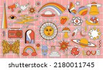 Set of hipster retro cool psychedelic elements. Collection stickers of groovy cliparts from the 70s 60s. Collage with trendy pop vibe with funky design element. Abstract background of cartoon sticker.