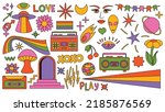 Set of hipster retro cool psychedelic elements. Collection stickers of groovy cliparts from the 70s 60s. Collage with trendy pop vibe with funky design element. Abstract background of cartoon sticker.