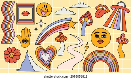 Set of hipster retro cool psychedelic elements. A collection of groovy cliparts from the 70s. editable stroke. Abstract design of cartoon stickers. Trend vector illustration