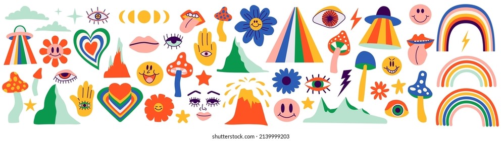 Set of hipster retro cool psychedelic elements. A collection graphics of groovy cliparts from the 60s 70s. Abstract icons design of cartoon stickers. Trend background vectors illustration isolated.