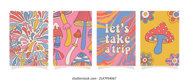 Set of hipster retro cool psychedelic A4 posters. Collection of groovy banners from the 70s with mushrooms and abstract backgrounds. Abstract design of trend vector illustration with Editable stroke.