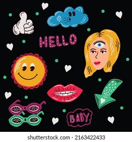 Set of hipster retro cool psychedelic elements. A collection of groovy cliparts from the 70s. editable stroke. Abstract design of cartoon stickers. Trend vector illustration