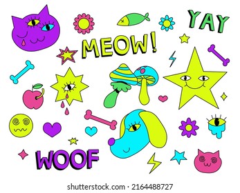 Set of hipster retro cool psychedelic elements. A collection of groovy cliparts from the 70s. editable stroke. Abstract design of cartoon stickers. Trend vector illustration EPS