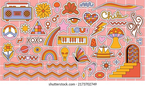 Set of hipster retro cool psychedelic elements. Collection stickers of groovy cliparts from the 70s 60s. Collage with trendy pop vibe with funky design element. Abstract background of cartoon sticker.