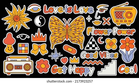 Set of hipster retro cool psychedelic elements. Collection stickers of groovy cliparts from the 70s 60s. Collage with trendy pop vibe with funky design element. Abstract background of cartoon sticker.