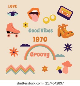 Conjunto de elementos psicodélicos retro hipster. Una colección de gráficos de cliparts de los años 70. Iconos abstractos de diseño de pegatinas de dibujos animados. Ilustración de vectores de fondo de tendencia aislada.