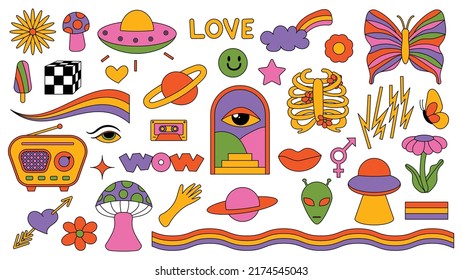 Conjunto de elementos psicodélicos retro hipster. Colección de pegatinas de rocas de los años 60. Collage con un ambiente pop moderno con un elemento de diseño original. Antecedentes abstractos de la pegatina de dibujos animados.