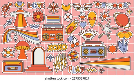 Conjunto de elementos psicodélicos retro hipster. Colección de pegatinas de rocas de los años 60. Collage con un ambiente pop moderno con un elemento de diseño original. Antecedentes abstractos de la pegatina de dibujos animados.