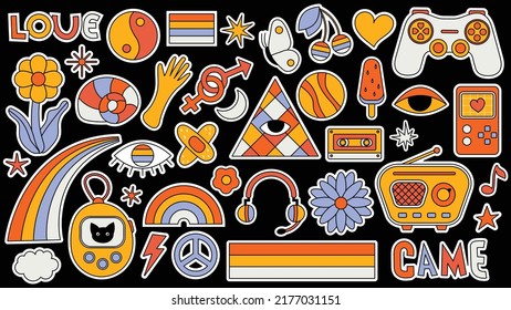 Conjunto de elementos psicodélicos retro hipster. Colección de pegatinas de rocas de los años 60. Collage con un ambiente pop moderno con un elemento de diseño original. Antecedentes abstractos de la pegatina de dibujos animados.