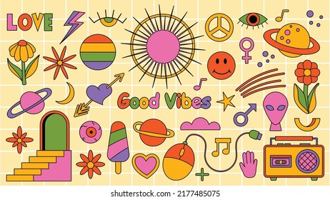 Set of hipster retro cool psychedelic elements. Collection stickers of groovy cliparts from the 70s 60s. Collage with trendy pop vibe with funky design element. Abstract background of cartoon sticker.