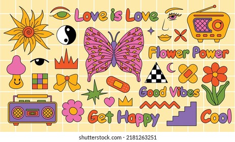 Set of hipster retro cool psychedelic elements. Collection stickers of groovy cliparts from the 70s 60s. Collage with trendy pop vibe with funky design element. Abstract background of cartoon sticker.