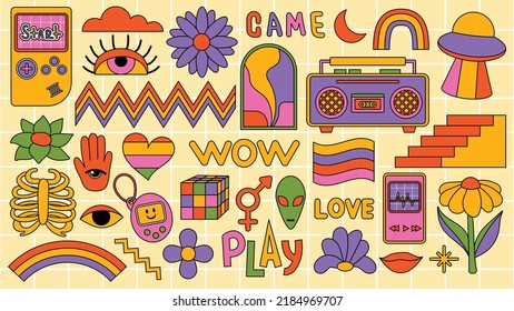 Set of hipster retro cool psychedelic elements. Collection stickers of groovy cliparts from the 70s 60s. Collage with trendy pop vibe with funky design element. Abstract background of cartoon sticker.