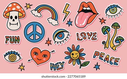 Fun groovy retro clipart elements set. 60s, 70s, 80s cartoon comic style.  Happy hippie vintage patches, pins, stamps, stickers templates. Abstract,  trendy, funky, nostalgic aesthetic background Stock Vector