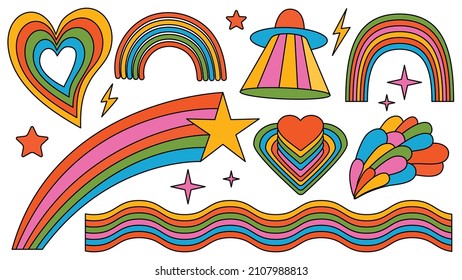 Set of hipster retro cool rainbow psychedelic elements. A collection of groovy cliparts iridescent from the 70s. editable stroke. Abstract design of cartoon stickers. Trend vector illustration.