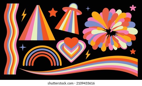 Set of hipster retro cool rainbow psychedelic elements. A collection of groovy cliparts iridescent from the 70s. Abstract design of cartoon stickers. Trend vector illustration.