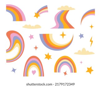 A set of hipster retro cool rainbow elements. A collection of clockwork cliparts, in the style of the 70s. Abstract design of cartoon stickers. Trending vector illustration.