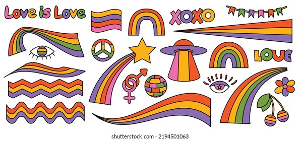 Set of hipster retro cool rainbow psychedelic elements. A collection of groovy cliparts iridescent from the 70s. editable stroke. Abstract design of cartoon stickers. Trend vector illustration.