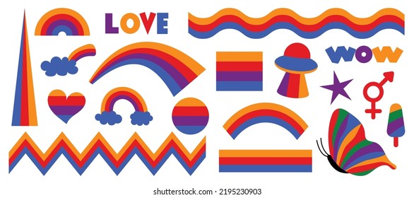 Set von hipster Retro coolen Regenbogen psychedelischen Elementen. Eine Kollektion von großartigen Clips aus den 70er Jahren. Abstraktes Design von Cartoon-Aufklebern. Trend-Vektorgrafik.