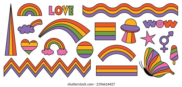 Set of hipster retro cool rainbow psychedelic elements. A collection of groovy cliparts iridescent from the 70s. editable stroke. Abstract design of cartoon stickers. Trend vector illustration.